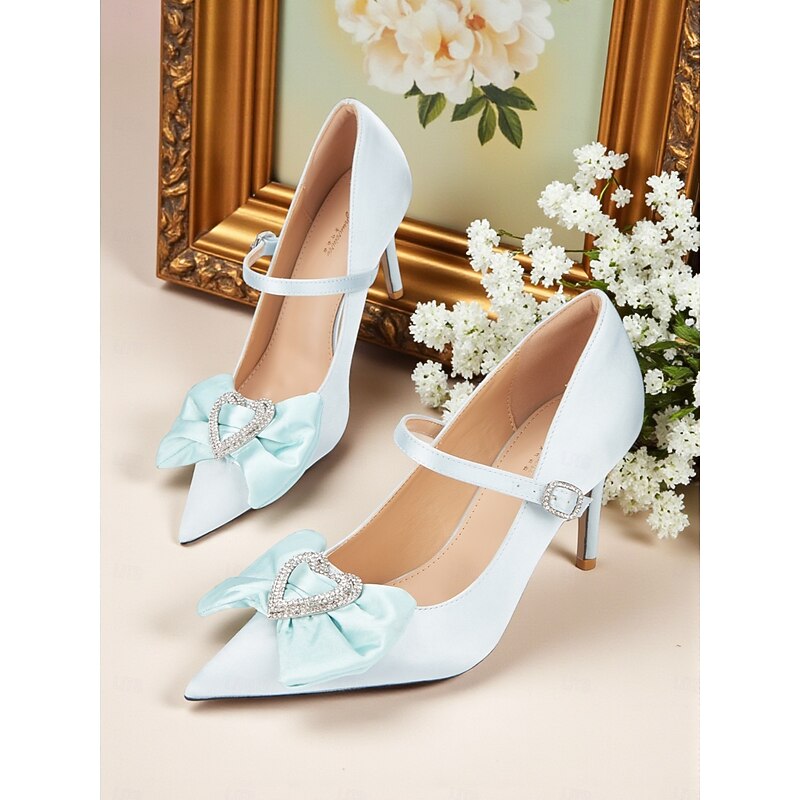 Women's Satin Pointed Toe Heels with Crystal-Embellished Bow, Elegant Cocktail Party Shoes with Strap Detail4