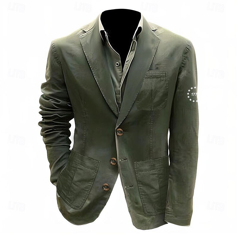 Men's Letter Printed 1776 Blazer Cotton Suit Jacket Suits Coat Casual Outdoor Dailywear Multiple Pockets Three Button Stripe Lined Suit Jacket Fall Winter Notch lapel collar Long Sleeve Black khaki2