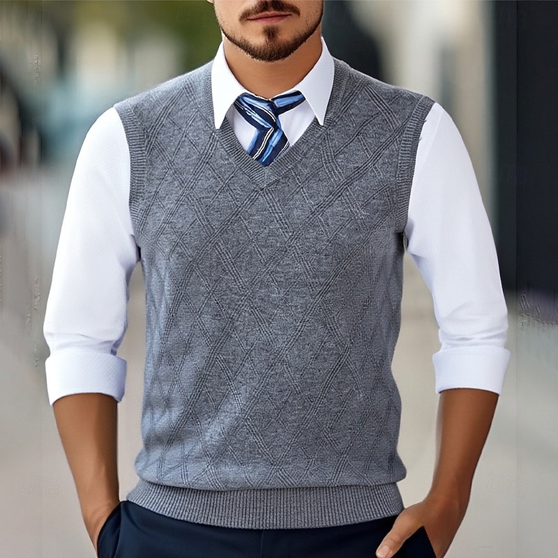 Men's Sweater Vest Dress Sweater Pullover Sweater Jumper Vest Knit Sweater Ribbed Knit Regular Tops Knitted V Neck Daily Wear Date Clothing Apparel Fall Winter Wine Dark Navy S M L