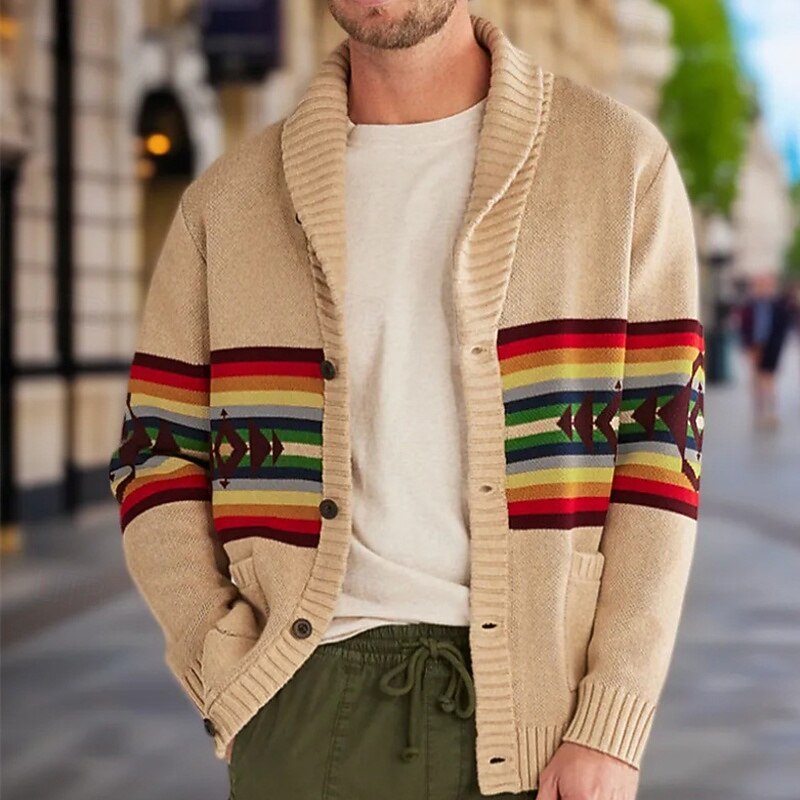 Men's Cardigan Sweater Cropped  Sweater Knit Sweater Ribbed Knit Regular Tops Pocket Buttons Stripe Lapel Fashion Classic Vacation Daily Wear Clothing Apparel Fall Winter khaki M L XL2