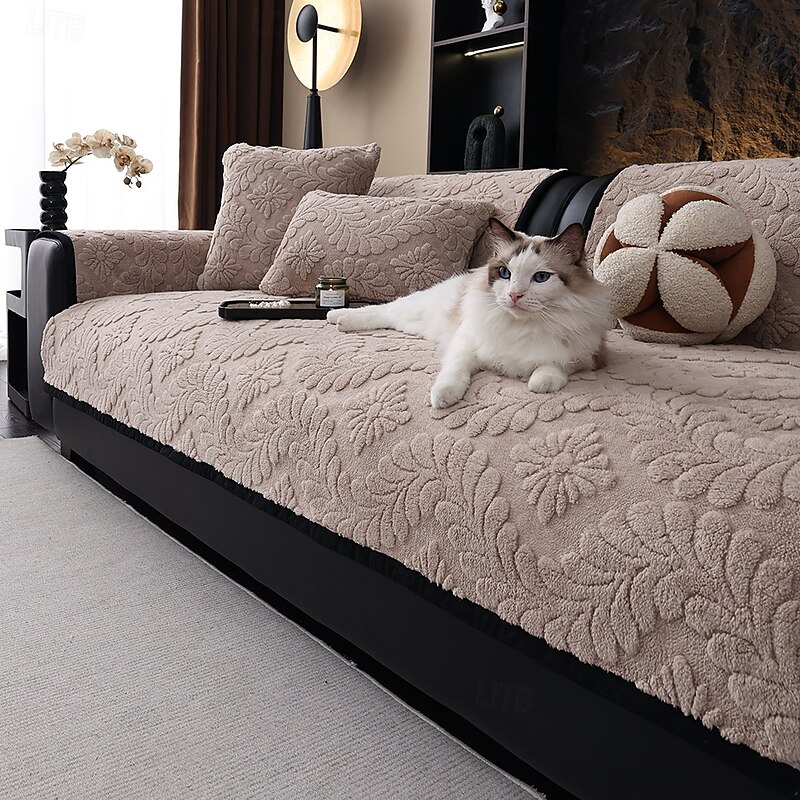 Luxury Thick Autumn & Winter Sofa Cover, Anti-Slip, Anti-Scratch Comfort Cotton Velvet, 3D Jacquard Sofa Cushion Protector with Backrest Cloth