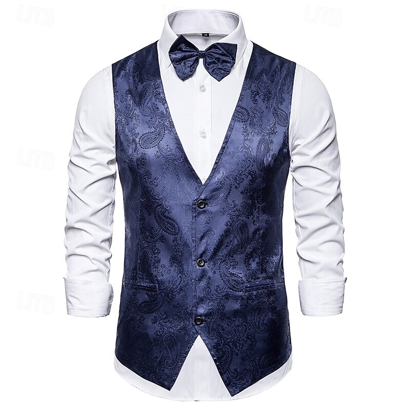 Men's Vest Waistcoat Formal Performance Wedding Spring Fall Adjustable Paisley Single Breasted V Neck Black Blue Vest3
