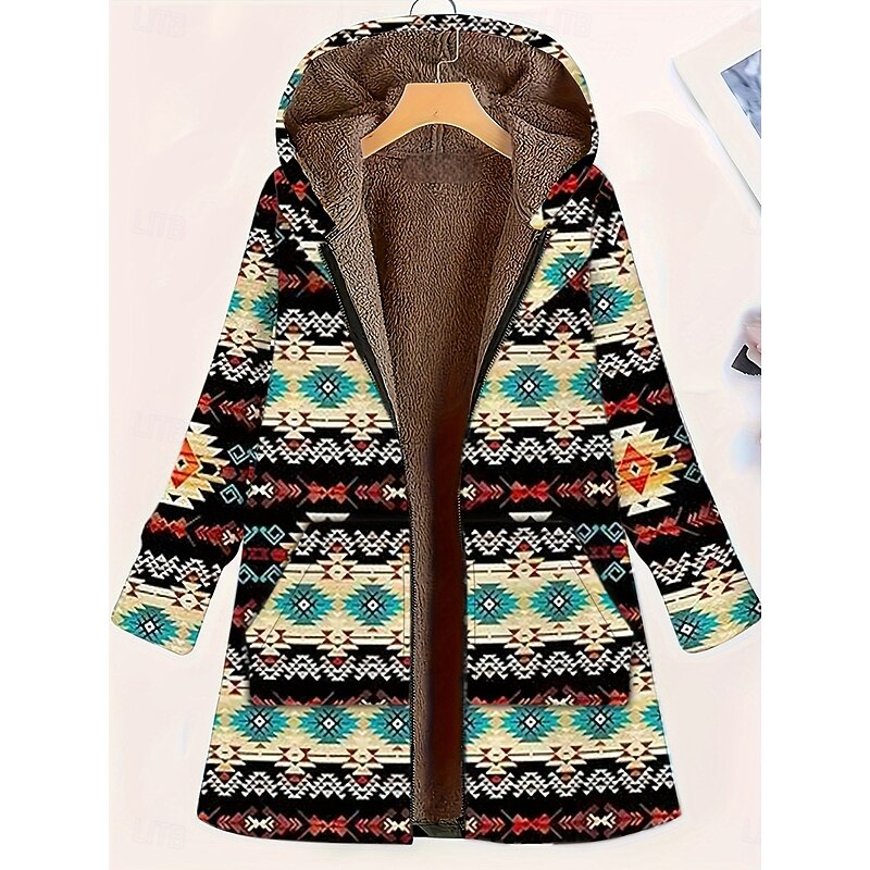 Women's Zip Up Hoodies Geometric Casual Long Sleeve Hooded Long Tops Street Going out Zipper Pocket Blue Brown Green Fall Winter3