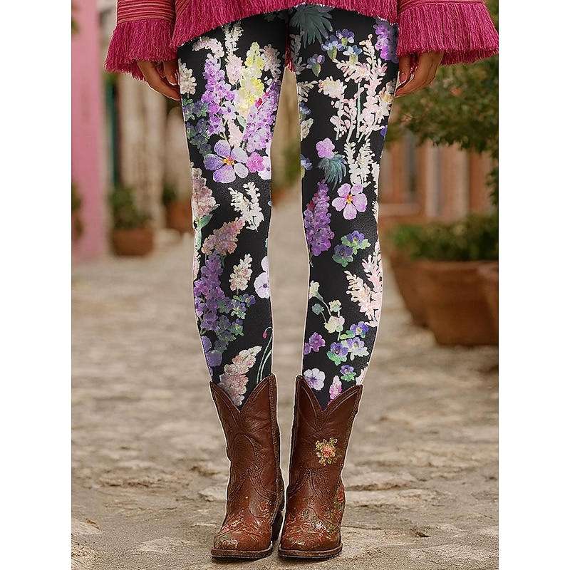 Women's Leggings Vacation Vintage Fashion Ankle-Length High Waist Floral Graphic Printing Thermal Warm Soft Breathable Stretchy Formal Outdoor Vacation Yellow Purple Orange Green Summer Spring Fall