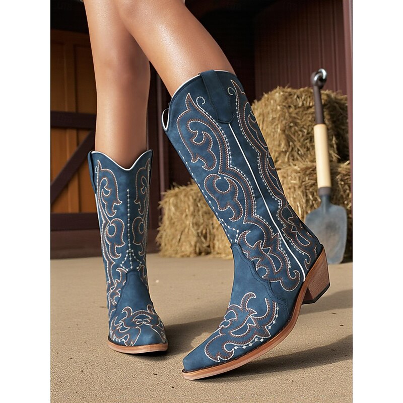 Women's Blue Western Cowboy Boots with Intricate Embroidery, Pointed Toe and Low Heel for Country Concerts and Rodeo Style2