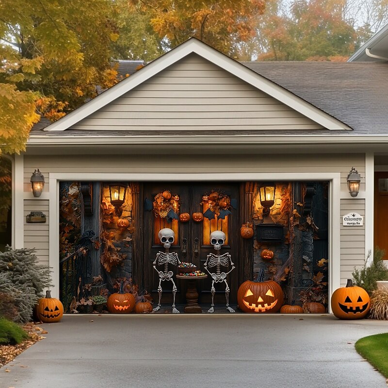 Halloween Garage Door Cover Large Hanging Backdrop Skeleton Pumpkin 3D Dark Punk Gothic Style Party Outdoor Shooting Backgrounds Front Door Home Decor2