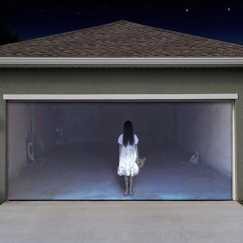 Halloween Garage Door Cover Creepy Girl in Haunted Garage Banner Horror Ghost Scene Backdrop Tapestry for Scary Outdoor Decoration4