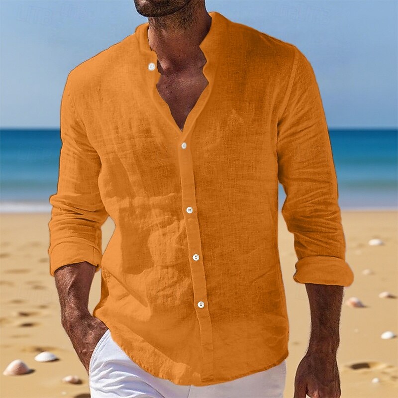 Men's Shirt Linen Shirt Summer Shirt Beach Wear Button Up Shirt Plain Vacation Daily Black White Pink Blue Long Sleeve Band Collar Summer Spring & Summer Clothing Apparel
