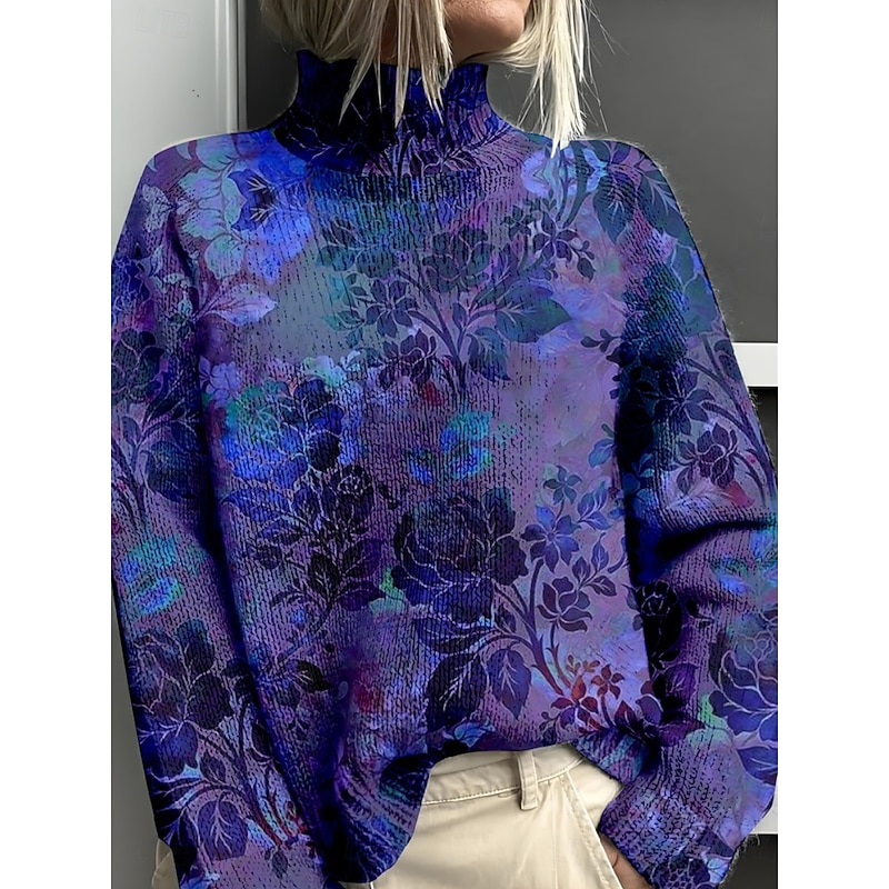 Women's Sweater Casual Soft Floral Ribbed Turtleneck Knitted Print Long Sleeve Regular Tops Knit Outdoor Daily Weekend Wine Blue Fall Winter3