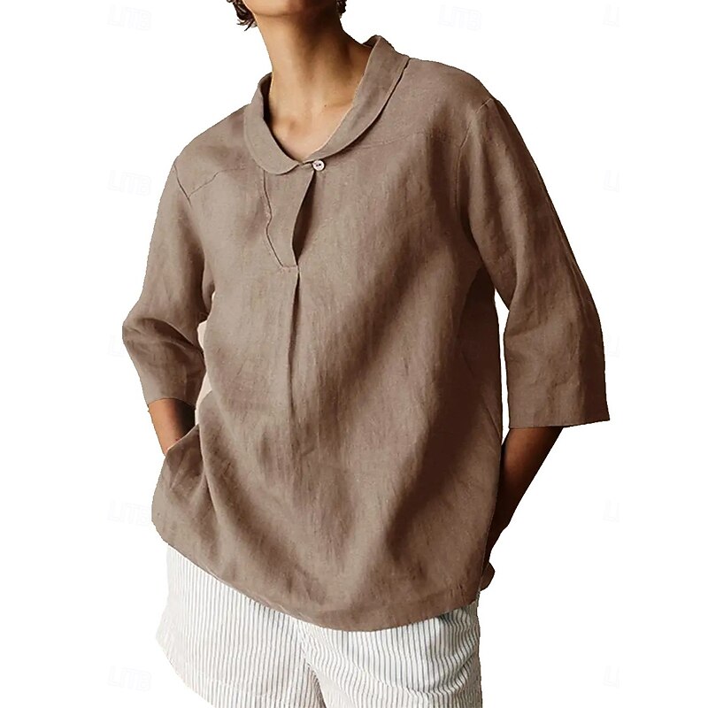Women's Cotton Linen Shirts Plain Daily Modern 3/4 Length Sleeve Shirt Collar Regular Tops Daily Buttons Black Orange Brown Khaki Gray Summer Spring Fall3