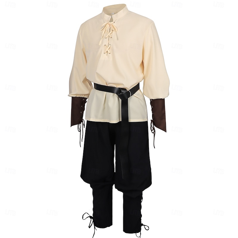 Retro Vintage Medieval Renaissance Outfits Shirt Pirate Pants Pirate Viking Fancy Dress Men's Viking Pirate Halloween Carnival Performance Party LARP Adults Shirt Pants Belt3