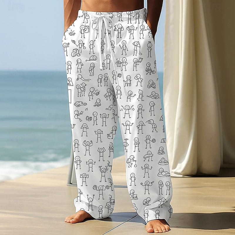 Men's Trousers Baggy Pants Casual Pants Elastic Drawstring Waist Linen-Like Pants with Pockets People Stick Figure Full Length Outdoor Vacation Funny Black White Inelastic