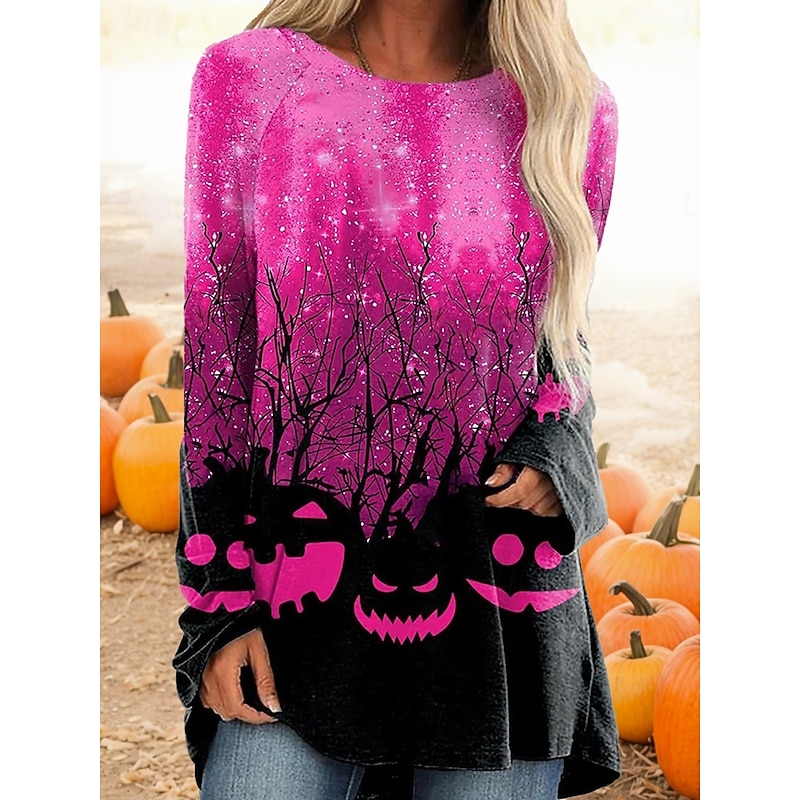 Halloween Women's T shirt Pumpkin Ombre Graphic Vintage Stylish Casual Long Sleeve Crew Neck Long Tops Daily Print Blue Purple Fuchsia Orange Green Spring Fall