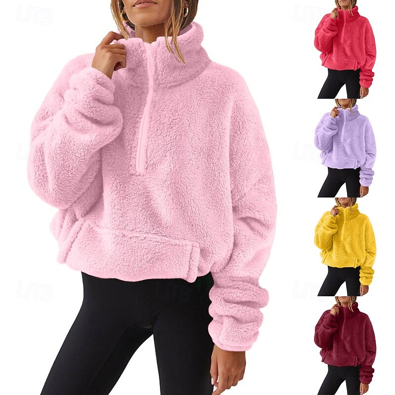 Women's Pullover Sweatshirt Sweatshirts Plain Streetwear Casual Long Sleeve Turtleneck Regular Tops Street Holiday Going out Half Zipper Quarter Zipper Zipper Pocket Yellow Pink Wine Dark Pink Purple