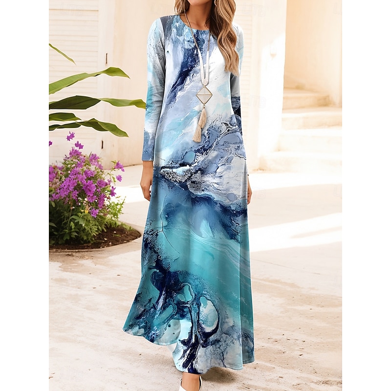 Women's Maxi Dress Vintage Bohemian A Line Dress Crew Neck Long Sleeve Casual Daily Regular Fit Graphic Geometric Blue Orange Green Dark Blue Spring Fall Winter