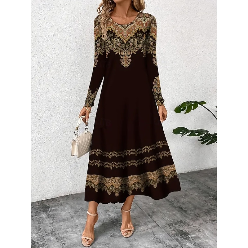 Women's Maxi Dress Sheath Dress T Shirt Dress Tee Dress Vacation Casual Boho Holiday Date Regular Fit Graphic Geometric Tribal Long Sleeve Crew Neck Dark Brown Black Red Blue Spring Fall3