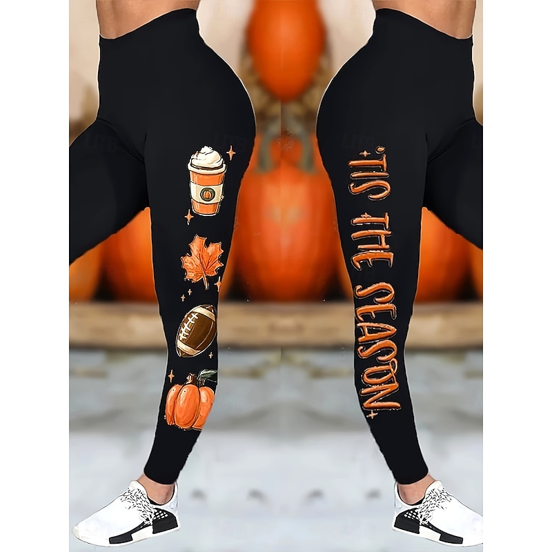 Women's Leggings Vacation Vintage Fashion Full Length High WaistPantsHalloween Graphic Pumpkin Letter Printing Soft Breathable High Elasticity Outdoor Vacation Street milk white Orange Spring Fall