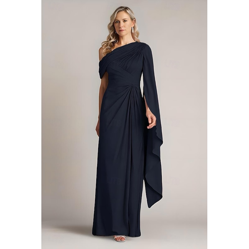 Sheath / Column Mother of the Bride Evening Gown Elegant Dress with Cape Overlay Formal Wedding Guest Floor Length Sleeveless One Shoulder Satin with Pleats Ruffles4