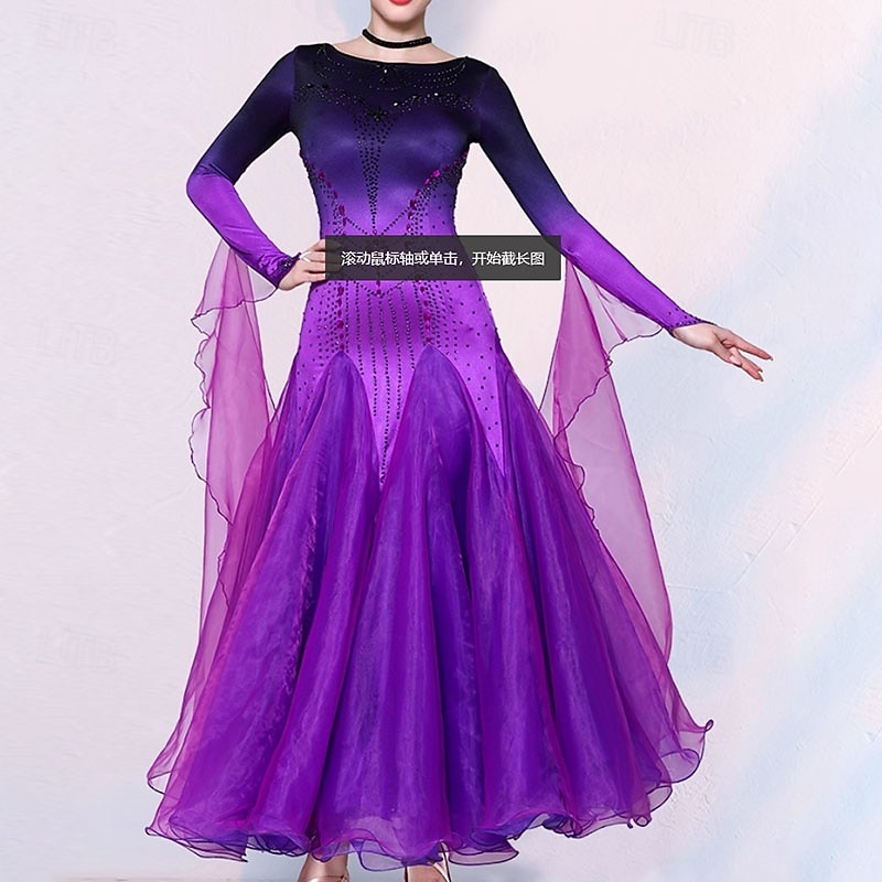 Ballroom Dance Dress Crystals / Rhinestones Women's Performance Party Long Sleeve Mesh3