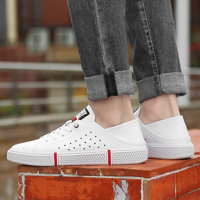 Men's White Classic Sneakers – Casual Lace-Up Shoes with Perforated Detailing for Everyday Wear, Office Casual and Urban Style4