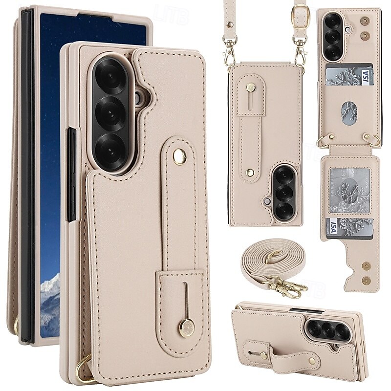 Phone Case For Samsung Galaxy Z Fold 7 Z Fold 6 Z Fold 5 Z Fold 4 with Wrist Strap Kickstand Card Slot Retro TPU PU Leather4