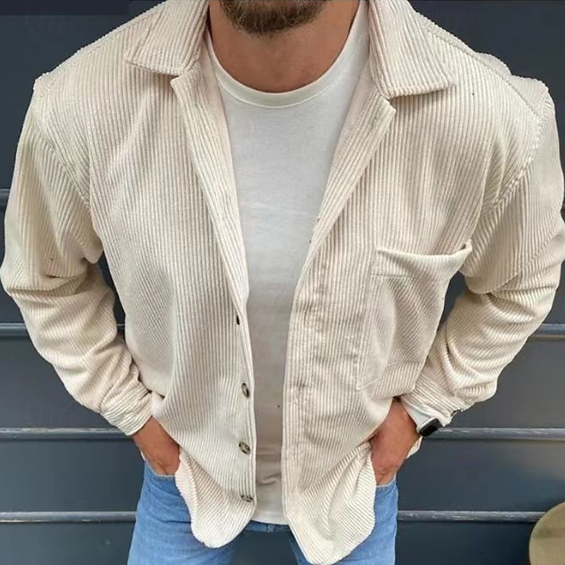 Men's Corduroy Shirt Shirt Jacket Winter Jacket Plain Vacation Daily Wear Black Blue Khaki Long Sleeve Lapel Spring Fall Clothing Apparel Pocket