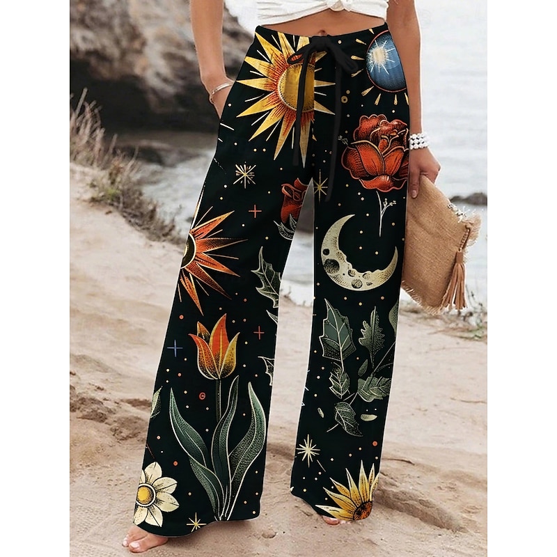 Women's Wide Leg Pants Trousers Vacation Casual Long High Waist Floral Elastic Waist Printing High Cut Breathability Soft Micro-elastic Vacation Street Daily Wear Black White Yellow Spring Fall