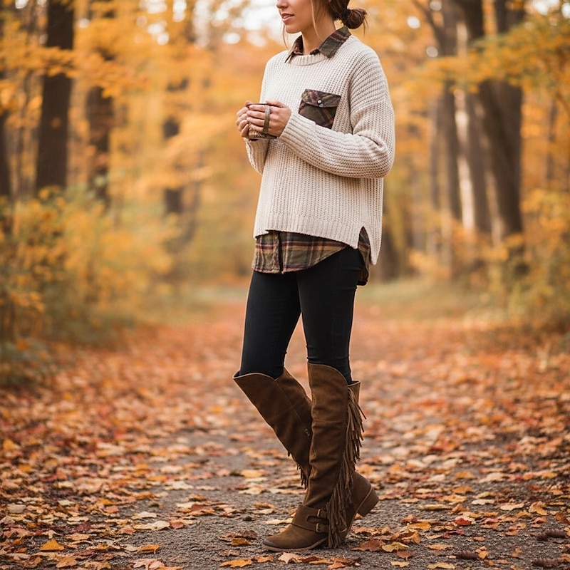Women's Brown Suede Fringe Knee-High Boots with Buckle Straps - Western Style for Festivals, Casual Outings, and Outdoor Adventures3