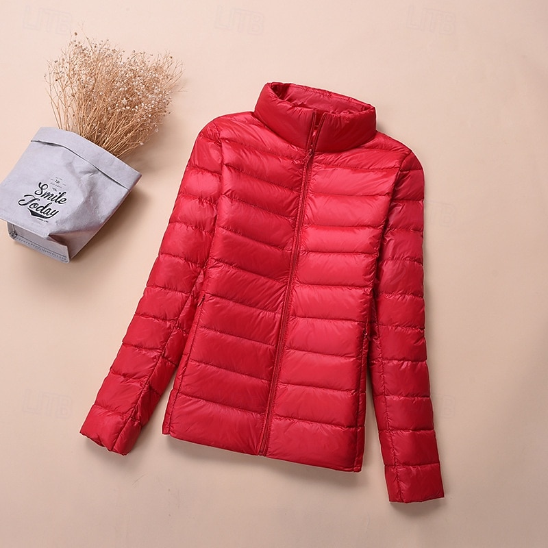 Women's Winter Coat Puffer Jacket Warm Comfortable Zipper Pocket Fashion Plain Street Going out Zipper Regular Stand Collar Regular Fit Long Sleeve Outerwear Light Green Wine Red Fall Winter3