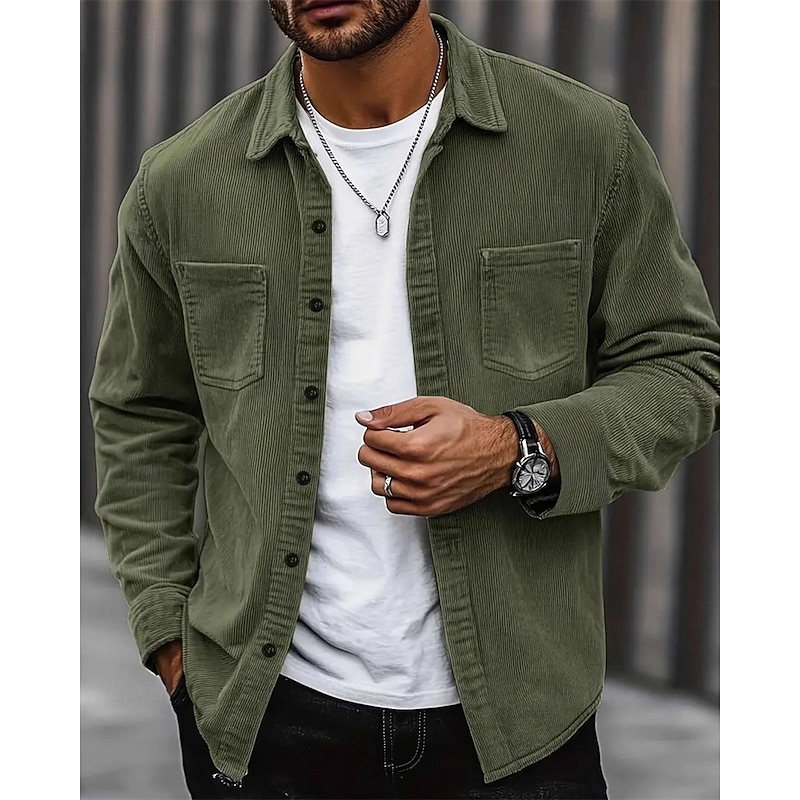 Men's Corduroy Shirt Shirt Jacket Winter Jacket Plain Vacation Daily Wear Army Green Beige Long Sleeve Lapel Spring Fall Clothing Apparel Pocket3