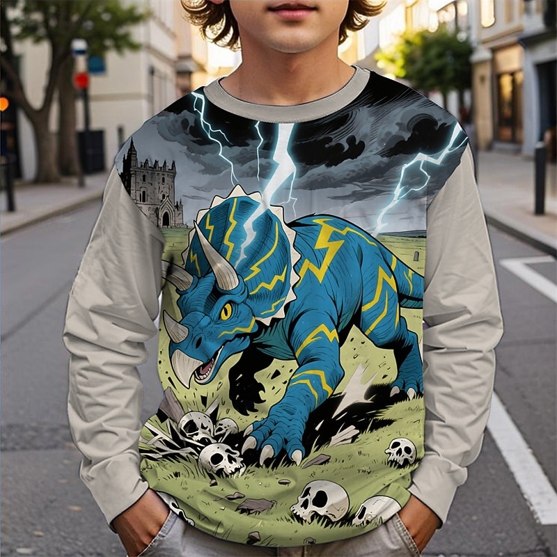 Halloween Boys' 3D Dinosaur T shirt Tee Long Sleeve Spring Fall Fashion Basic Kids 4-12 Years Crew Neck Outdoor Casual Daily Regular Fit