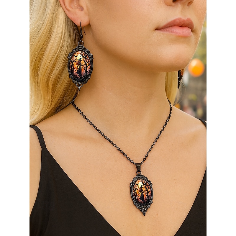 Women's Halloween Witch Jewelry Set – Gothic Black Pendant Necklace and Earrings with Full Moon Design for Party, Cosplay and Nightlife