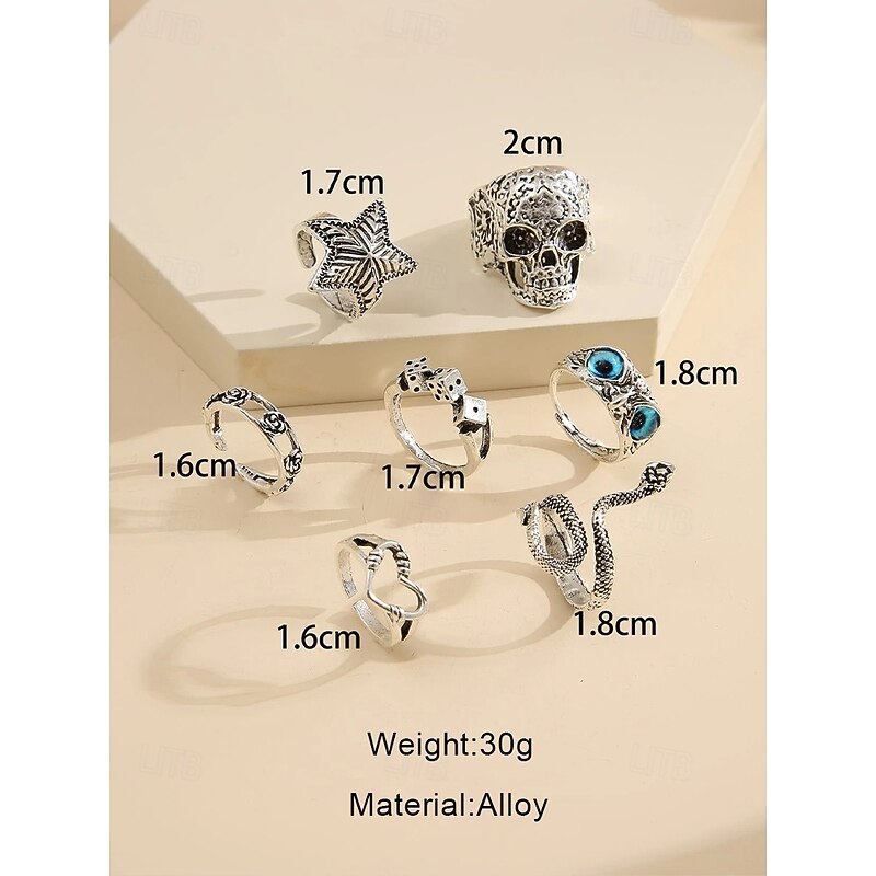 Women's Halloween Gothic Ring Set – Vintage Silver Skull Snake Star Dice Adjustable Rings for Party, Cosplay and Nightlife4