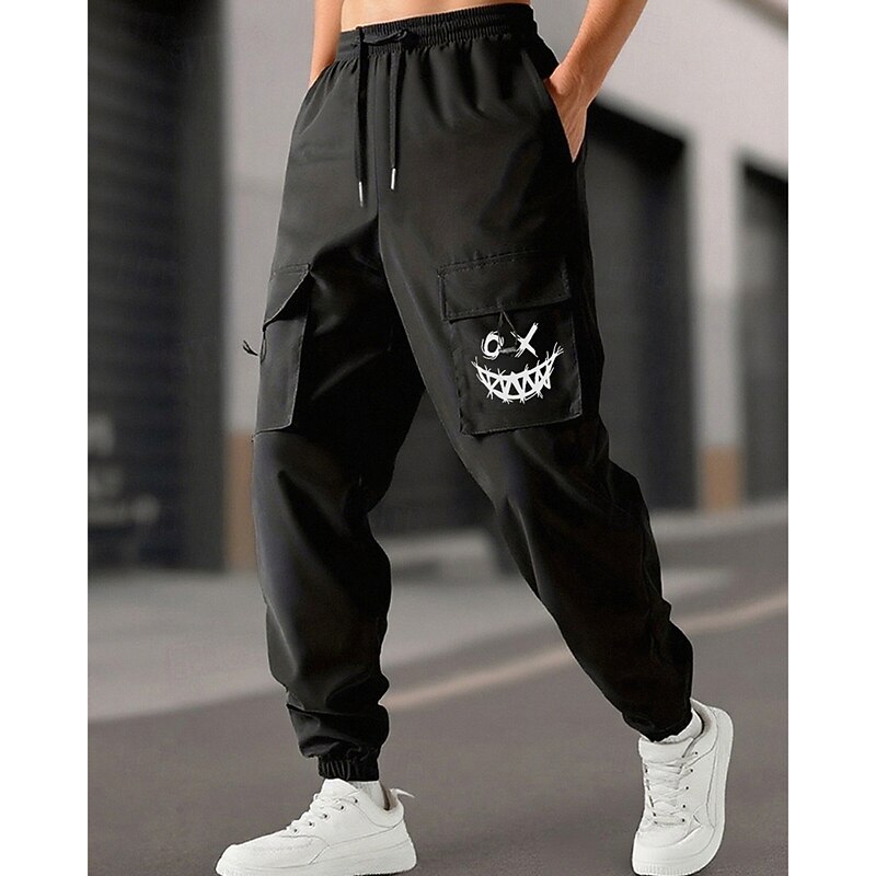 Men's Cargo Pants Joggers Trousers Drawstring Elastic Waist Print Cartoon Comfort Sports Outdoor Daily Fashion Casual Black Micro-elastic