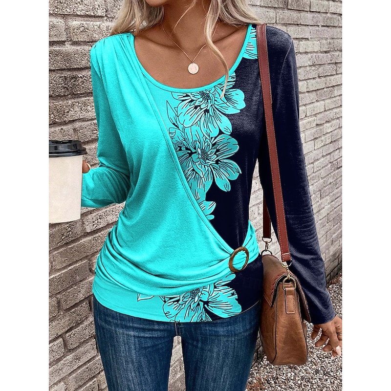 Women's T Shirt Floral Graphic Stylish Casual Long Sleeve Crew Neck Regular Tops Daily Patchwork Print Pink Blue Orange Green Summer Fall Winter