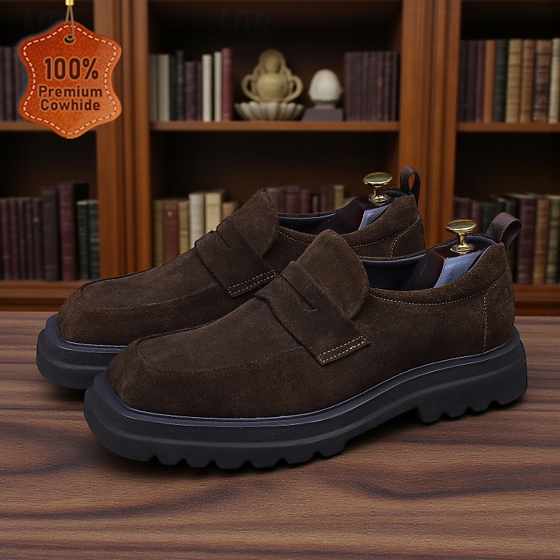 Men's Cowhide Leather Suede Loafers -Classic Business Casual Slip-On Dress Shoes for Office and Formal Wear
