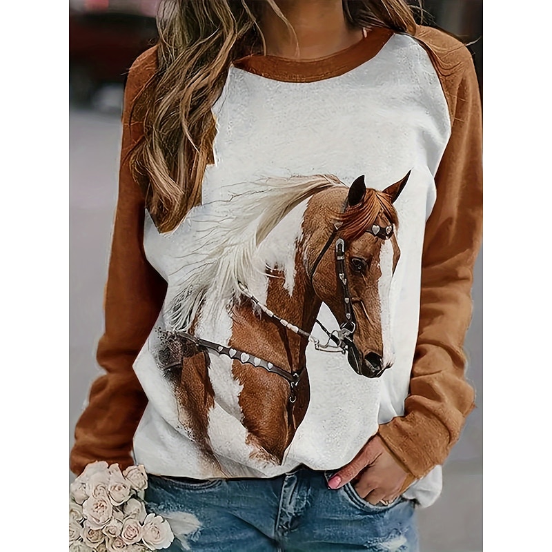 Women's Pullover Graphic Animal Casual Long Sleeve Crew Neck Regular Tops Casual Brown Spring Fall Winter