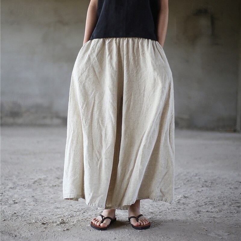 Women's  Linen Viscose Culottes Wide Leg Vacation Vintage Ethnic Style Full Length Mid Waist Solid Color Comfy Breathability Soft Micro-elastic Vacation Home Casual Beige Summer Spring Fall Oversized2