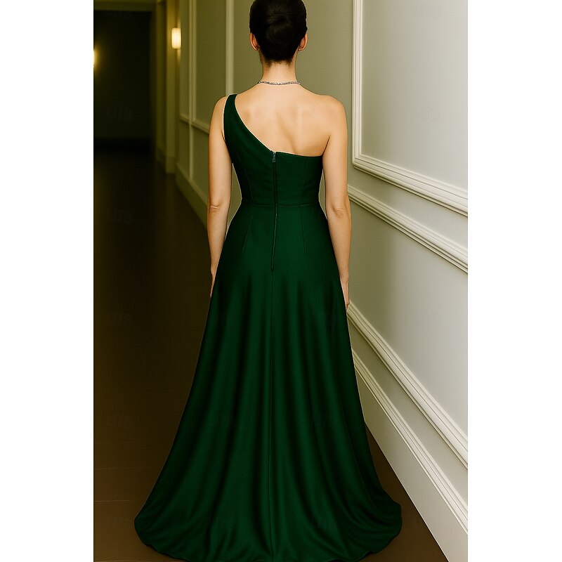 Green Blue A-Line Evening Gown Elegant Dress Formal Wedding Floor Length Sleeveless One Shoulder Stretch Satin with Pleats Ruched 20253