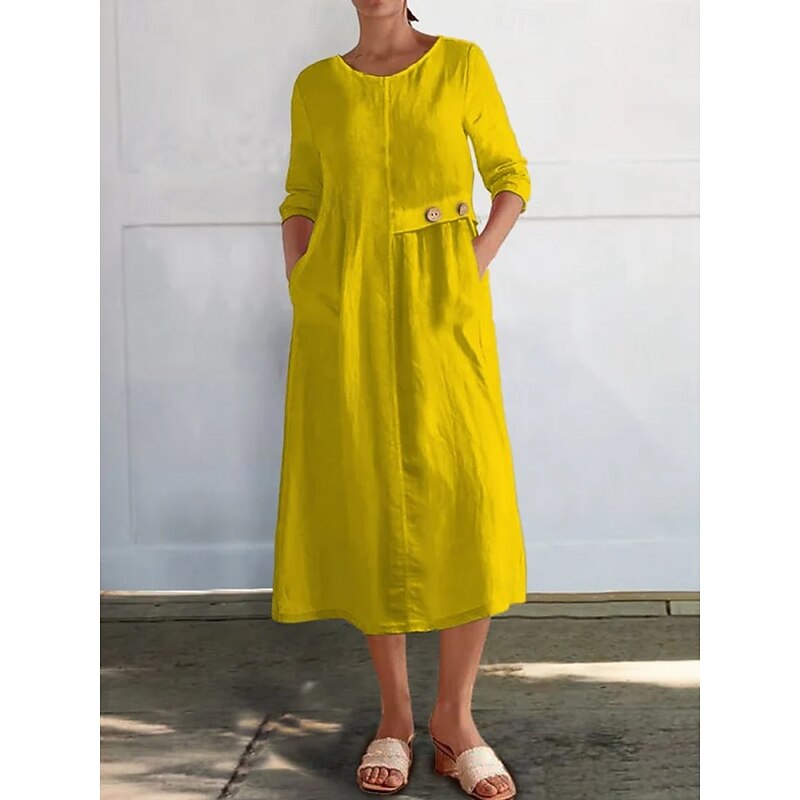 Women's Midi Dress Casual Dress Cotton Linen Dress Basic Modern Daily Weekend Regular Fit Plain 3/4 Length Sleeve Crew Neck Black White Yellow Red Summer Spring Fall