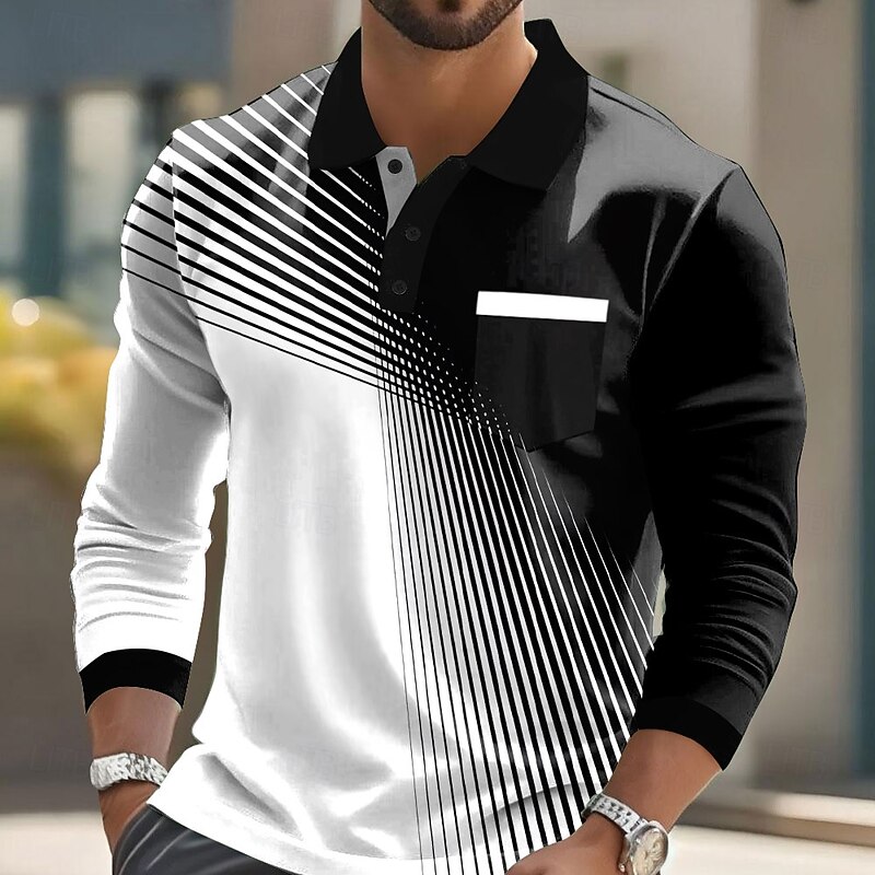 Men's Geometric Polo Long Sleeve Polo Shirts Lapel Casual Business Casual Athleisure Daily Wear Pocket 3D Print Buttons Spring Fall Black Red Blue