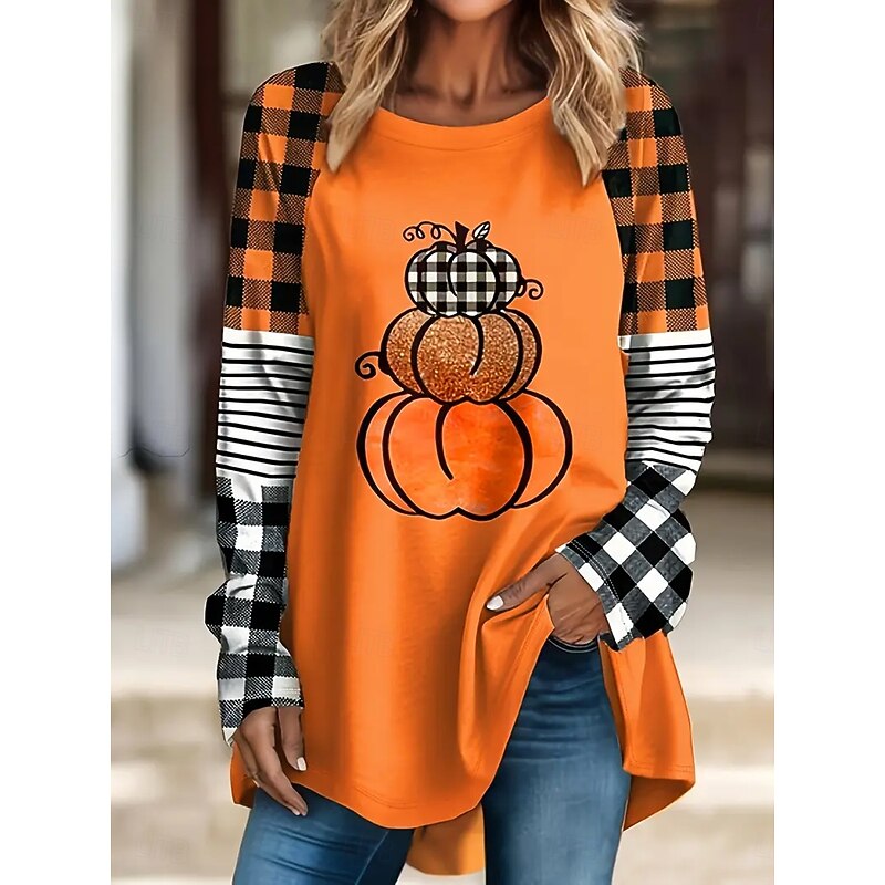 Halloween Women's T Shirt Skulls Graphic Geometric Pumpkin Vintage Stylish Classic Long Sleeve Crew Neck Round Neck Regular Tops Daily Print Pink Orange Spring Fall