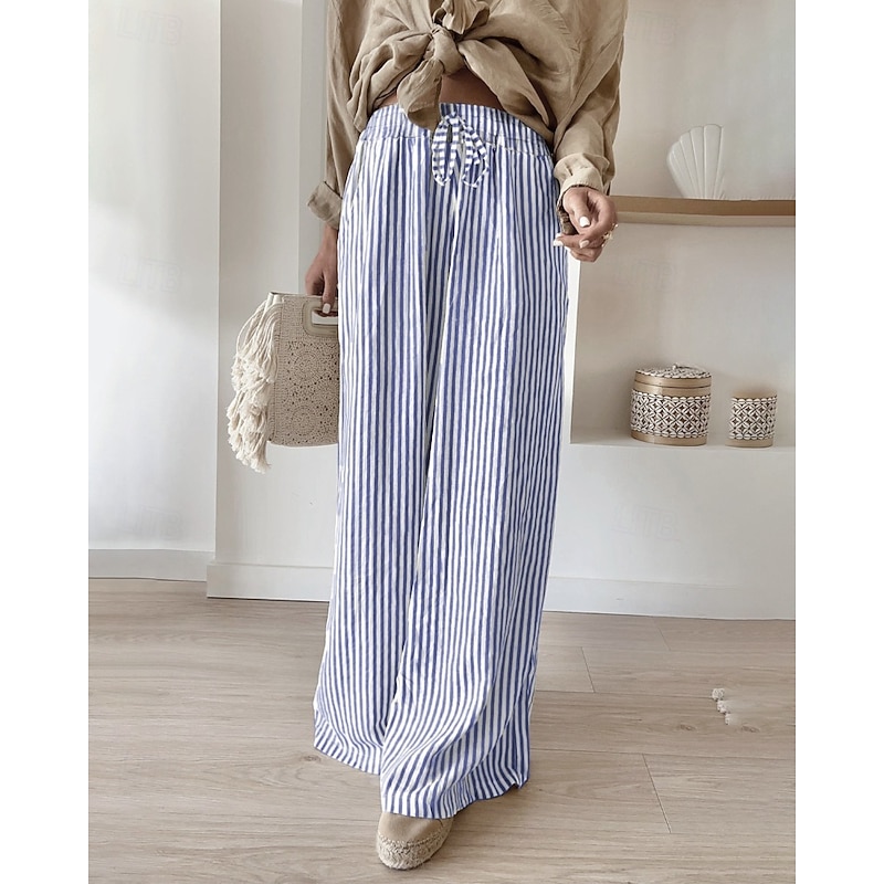 Women's Wide Leg Slacks Streetwear Casual Full Length Natural Striped Elastic Drawstring Design Comfortable Street Holiday Daily Wear Black Red Blue Khaki Fall Regular Fit3