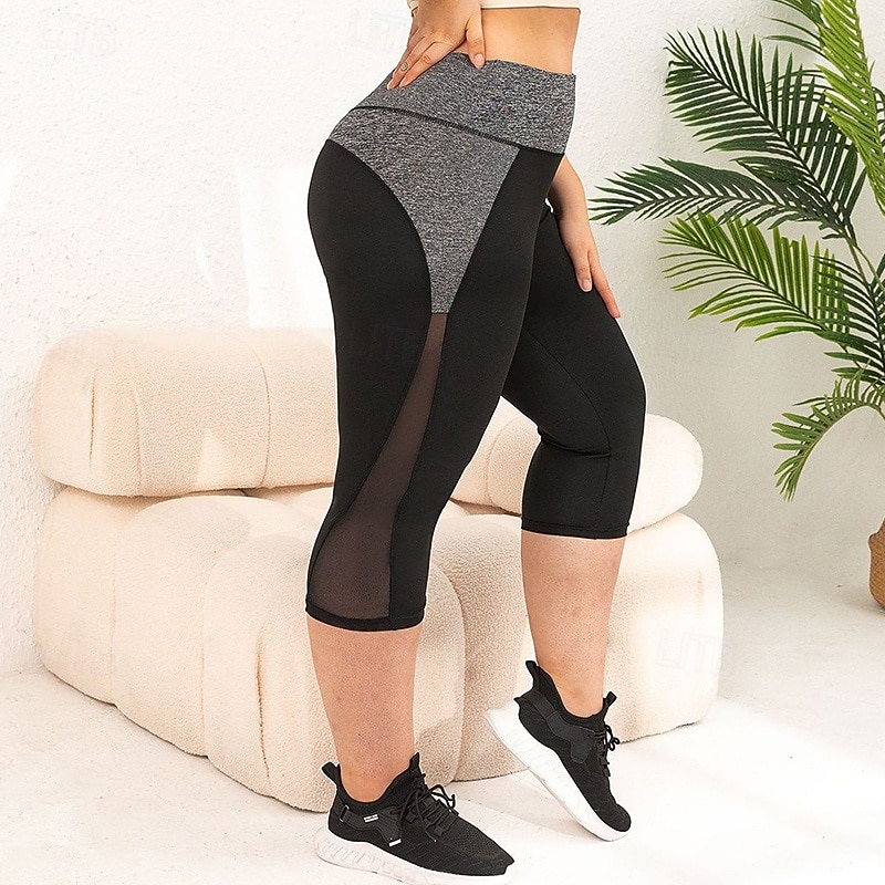 Women's Cropped Leggings Yoga Leggings Large Size Tummy Control High Waist Gym Athletic Running Bottoms Color Block Black Dark Blue Fall Sports Activewear3