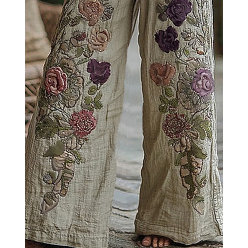 Women's Wide Leg Pants Trousers Palazzo Pants Vintage Boho Full Length High Waist Flower Elastic Waist Printing Breathability Comfortable Street Daily Wear Going out White Spring Fall Regular Fit3