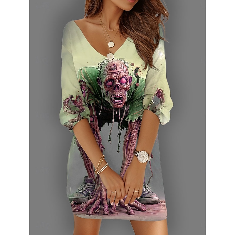Halloween Women's Skulls Print Mini Dress Shift Dress Vacation Casual Daily Holiday Cocktail Party Loose Fit Graphic Skull Long Sleeve V Neck Yellow Blue Purple Green Summer Spring Fall Autumn2
