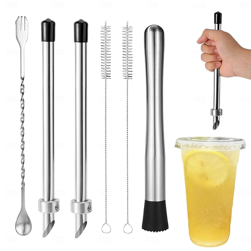 6 Pieces Professional Lemonade Stand Kit includes 2pcs of 304 stainless steel straw punch, 1 stainless steel muddler, 1 stirring spoon and 2 straw cleaning brushes for Lemonade Preparation2