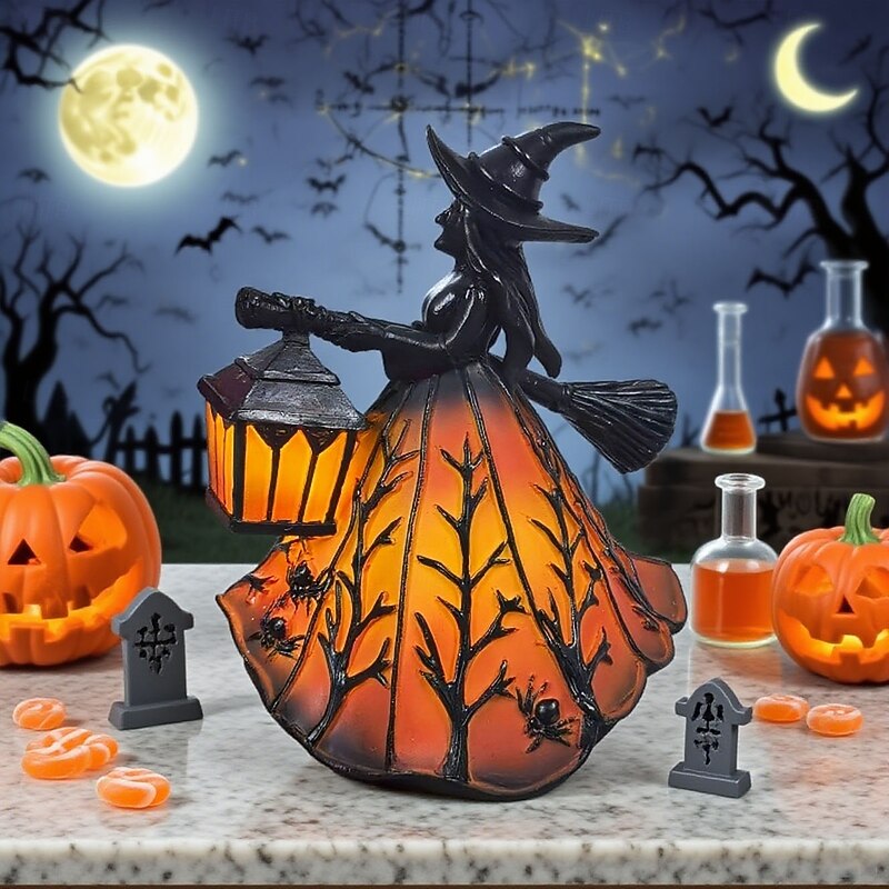 Halloween Witch Lamp Gothic Lamp Spooky Witch Decor with Holding Lantern Novelty Witch Figurine Lamp Halloween Standing Night Light for Home, Porch, Tabletop, Party Decor