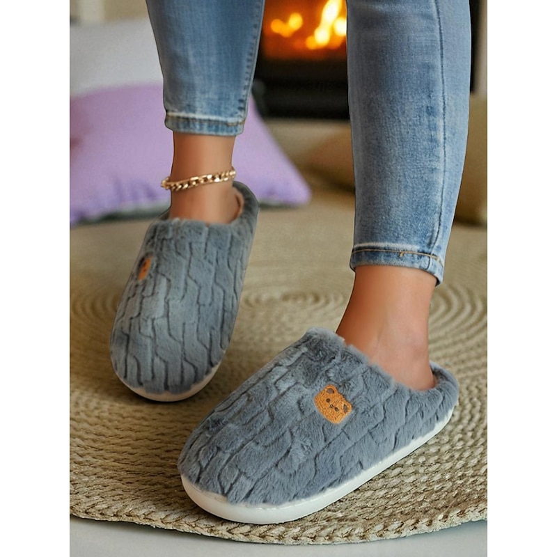 Women's Plush Cartoon Slippers with Bear Embroidered – Soft Cozy Indoor Shoes for Bedroom and Winter Home Use2