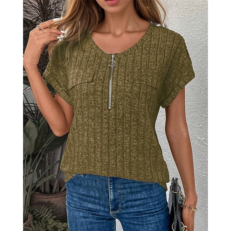 Women's Texture Sweatshirt T Shirt Tee Top Plain Fashion Modern Short Sleeve Crew Neck Regular Tops Daily Going out Quarter Zip Black Wine Army Green Royal Blue Orange Summer4